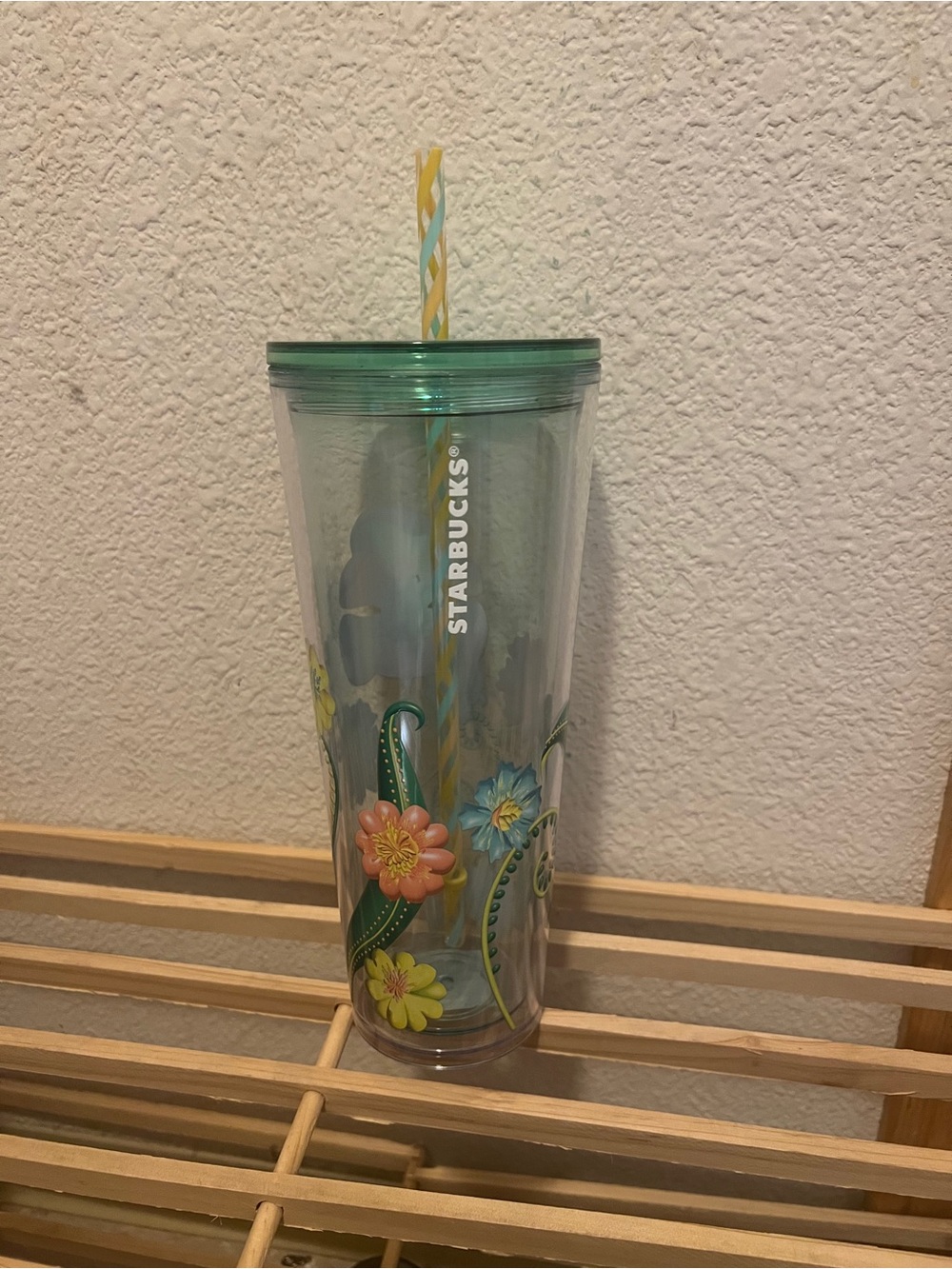Starbucks Clear Floral Tumbler with Green Lid and Yellow-White Straw